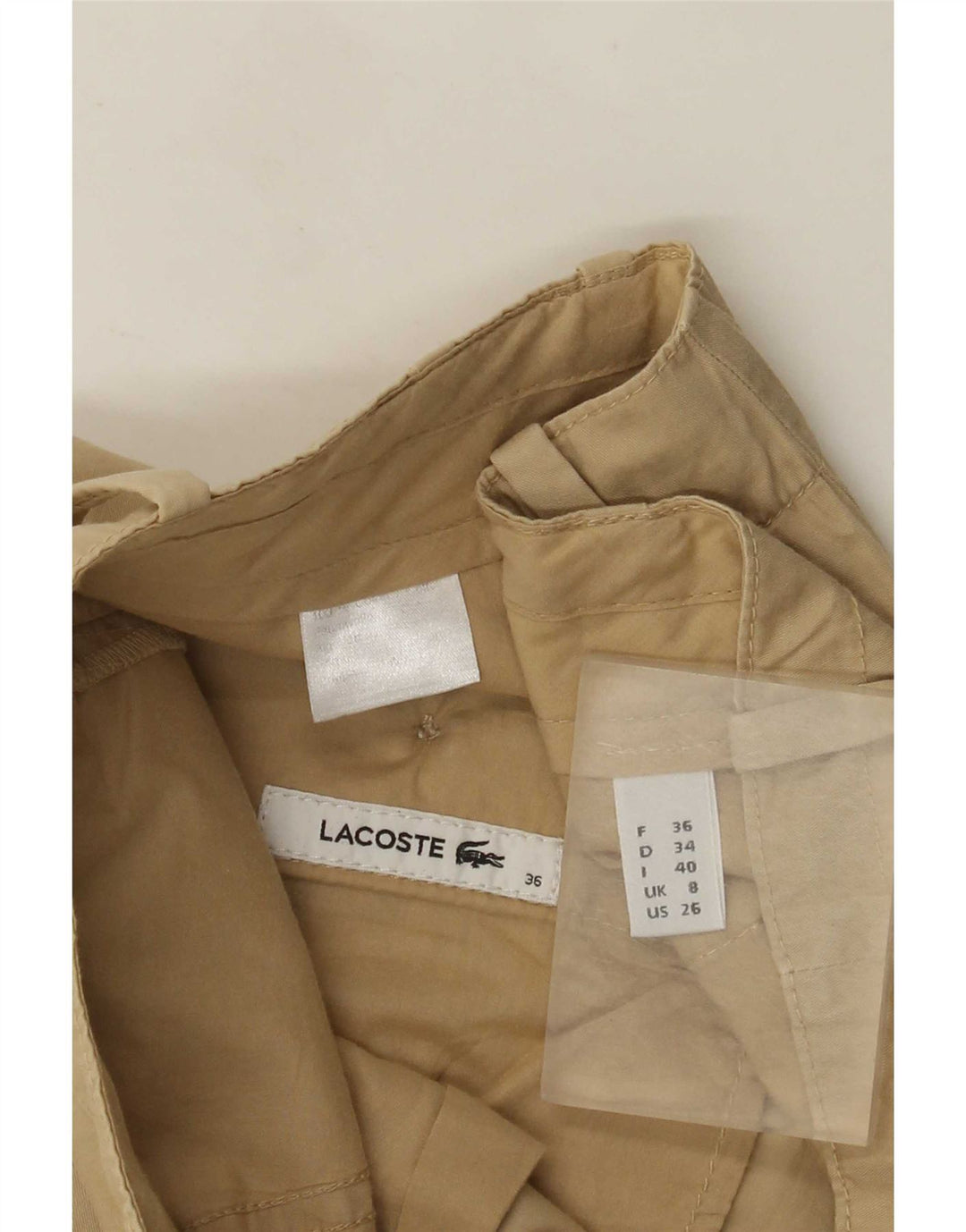 Pantaloncini chino da donna Lacoste UK 8 piccoli W30 cotone beige
