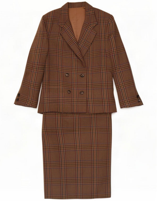 Set gonna vintage da donna in 2 pezzi UK 10 piccola W22 scozzese marrone