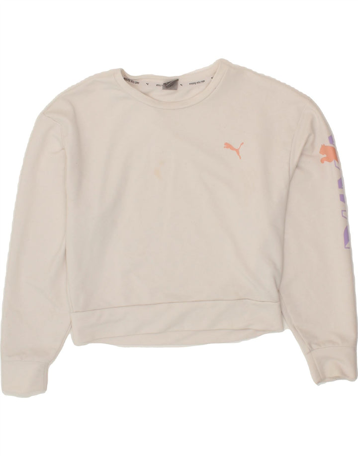 PUMA Womens Oversized Graphic Crop Sweatshirt Jumper UK 6 XS White Vintage Puma and Second-Hand Puma from Messina Hembry 