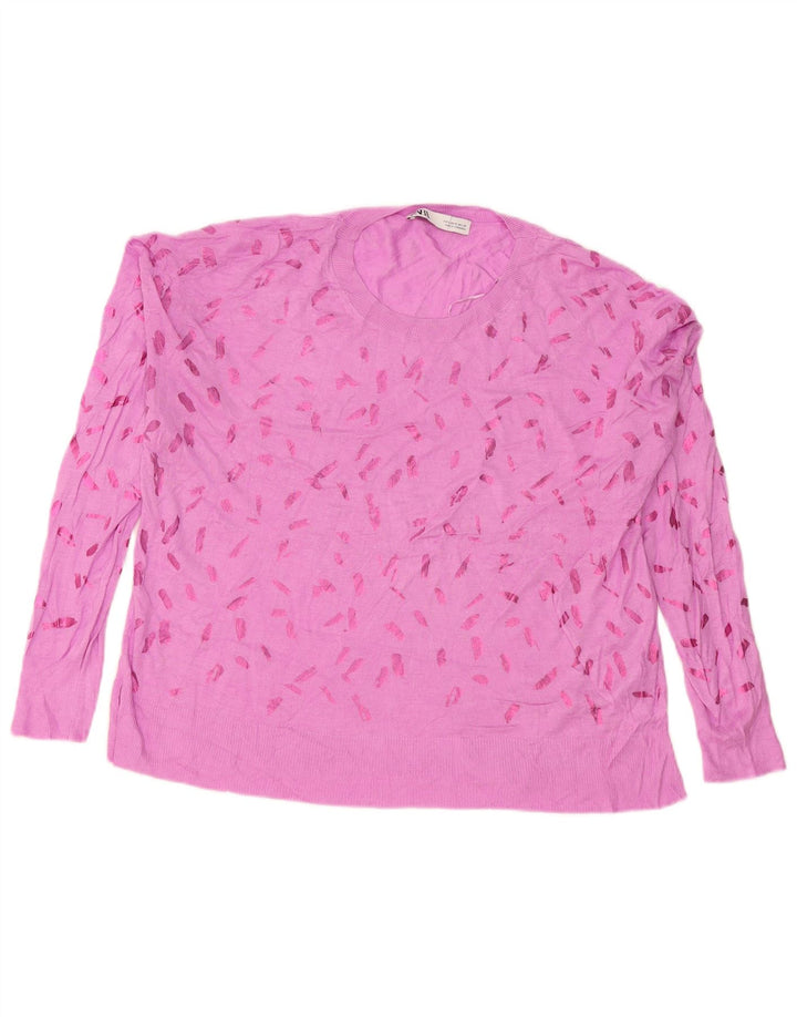 Maglione girocollo da donna con motivo astratto Zara UK 16 Large Rosa