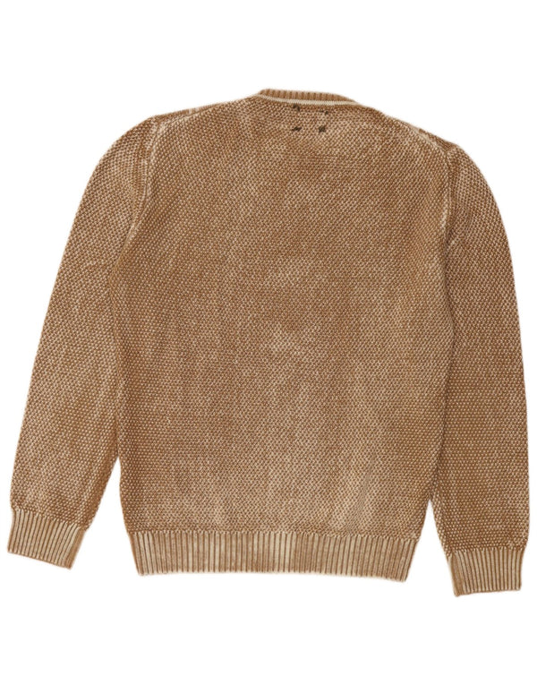 Maglione vintage da uomo girocollo, maglione grande, lana vergine geometrica marrone