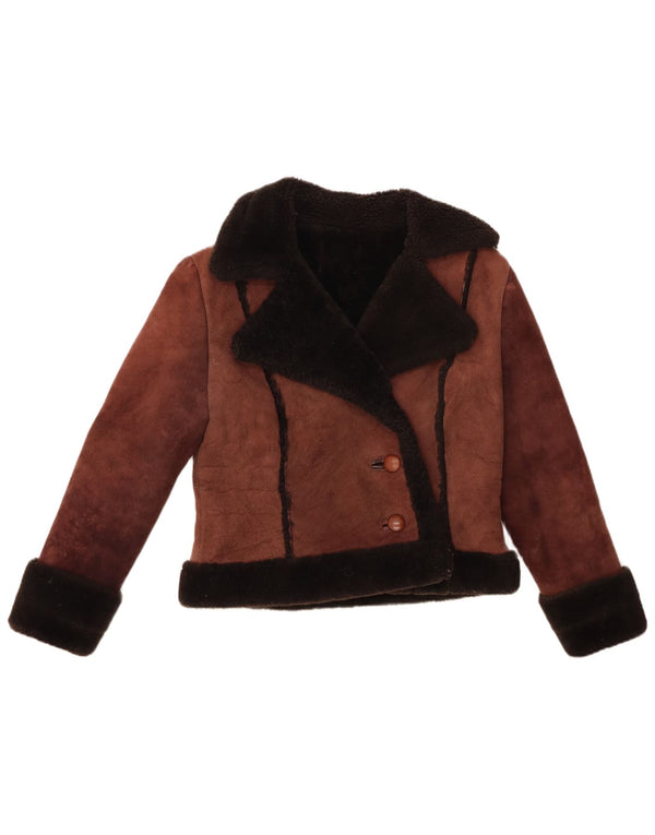 Vintage Womens Crop Sherpa Suede Jacket UK 10 Small Brown Colourblock