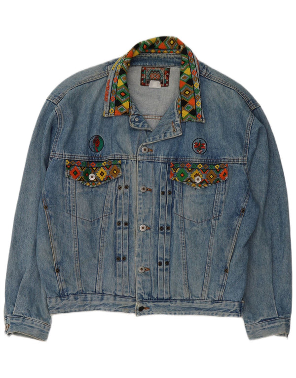 Giacca in denim retrò da uomo The Seaway UK 40 Large Blue geometrica anni '80