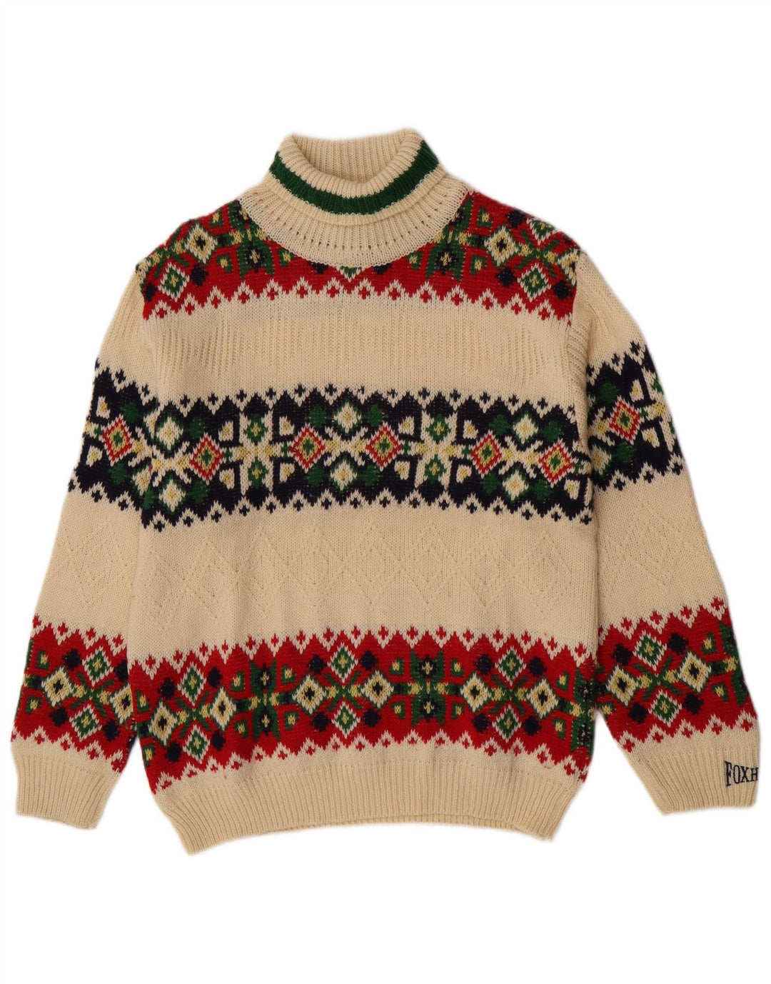 Maglione maglione collo alto Foxhound per ragazzi 15-16 anni in lana Fair Isle bianco sporco