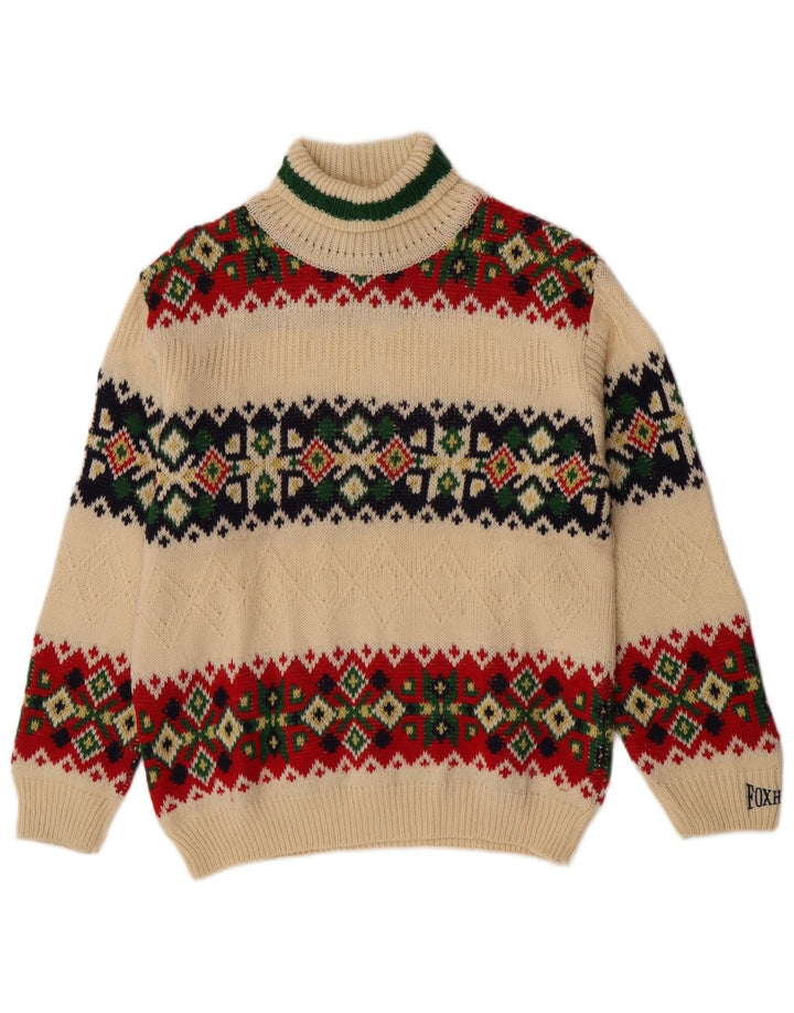 Maglione maglione collo alto Foxhound per ragazzi 15-16 anni in lana Fair Isle bianco sporco
