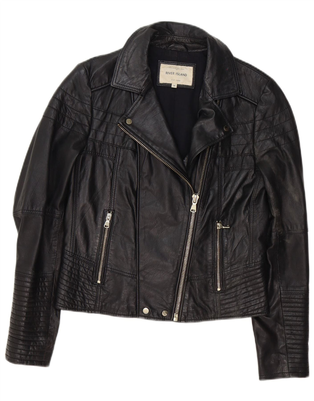 Giacca da motociclista in pelle da donna River Island UK 12 media nera