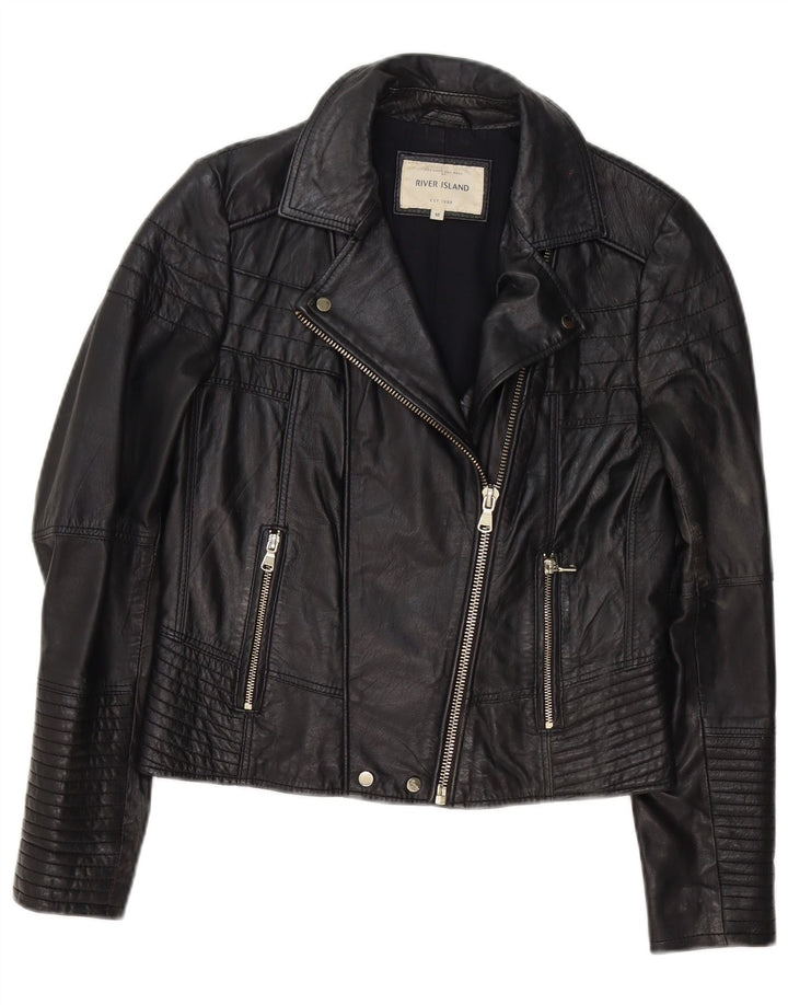 Giacca da motociclista in pelle da donna River Island UK 12 media nera