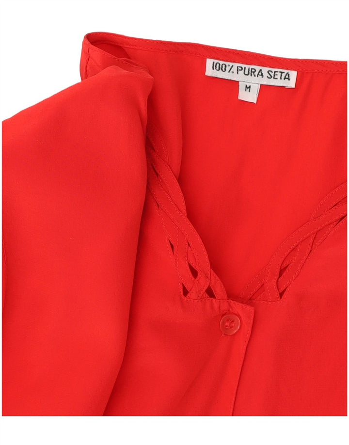 Camicetta camicia a maniche corte da donna vintage UK 14 seta rossa media
