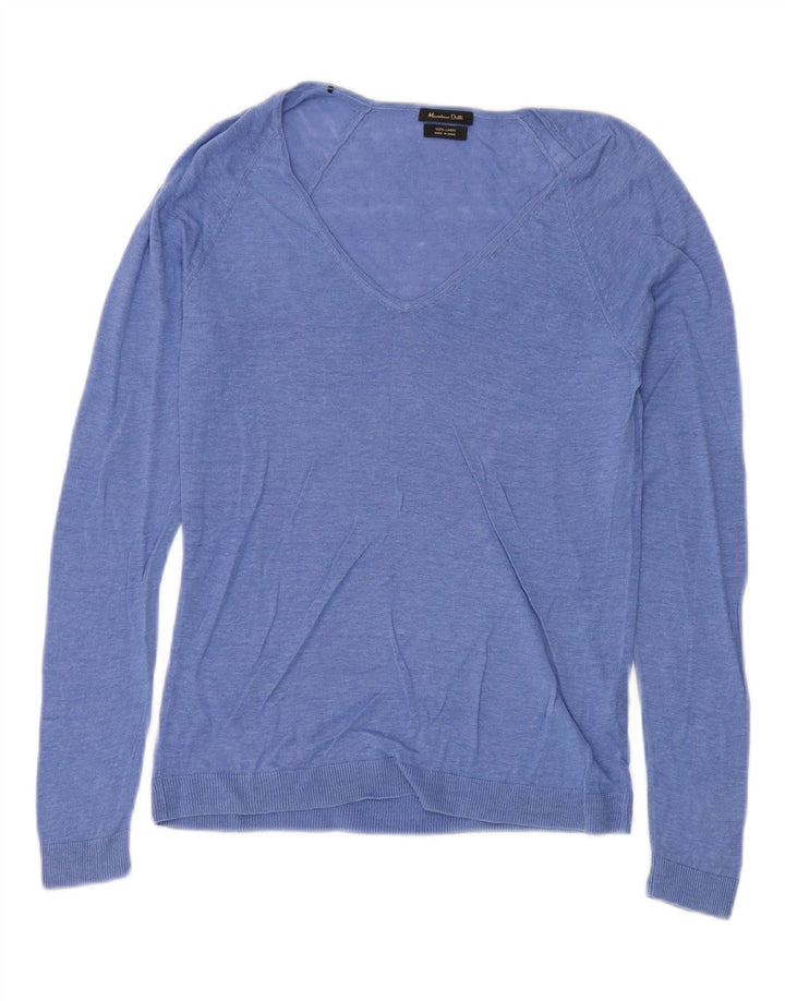 Massimo Dutti Maglione da donna con scollo a V UK 12 Lino blu medio