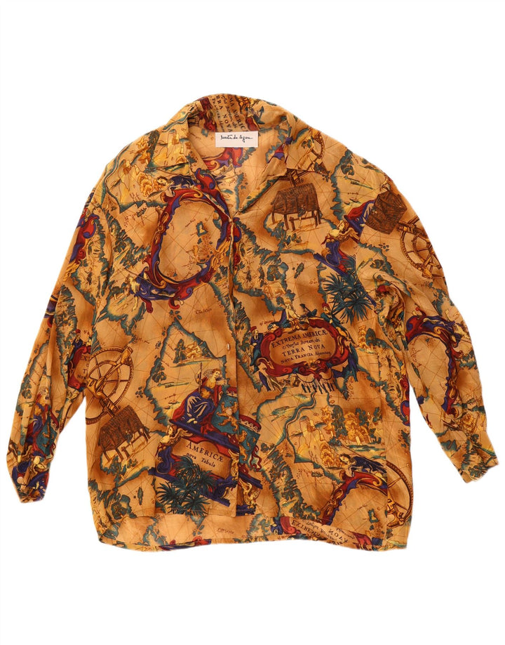 Camicetta camicia oversize grafica da donna vintage UK 16 grande acetato beige