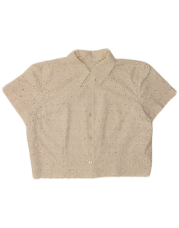 Camicetta a maniche corte corta da donna vintage UK 14 floreale bianco medio