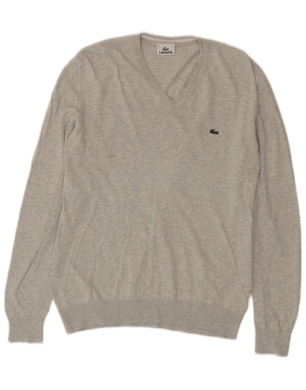 Lacoste Mens V-Neck Jumper Sweater Size 5 Large Grey Flecked Cotton