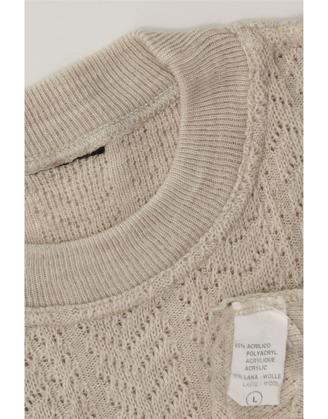 Maglione vintage da uomo girocollo, grande, beige, a rombi/acrilico con diamanti