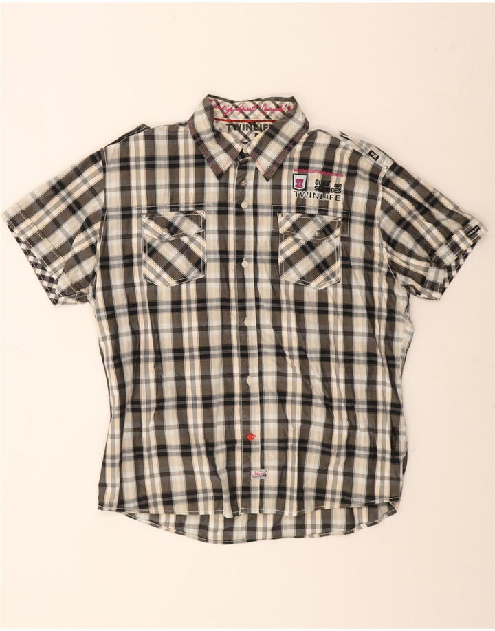 Camicia a maniche corte con grafica vintage da uomo 2XL in cotone a quadri grigio