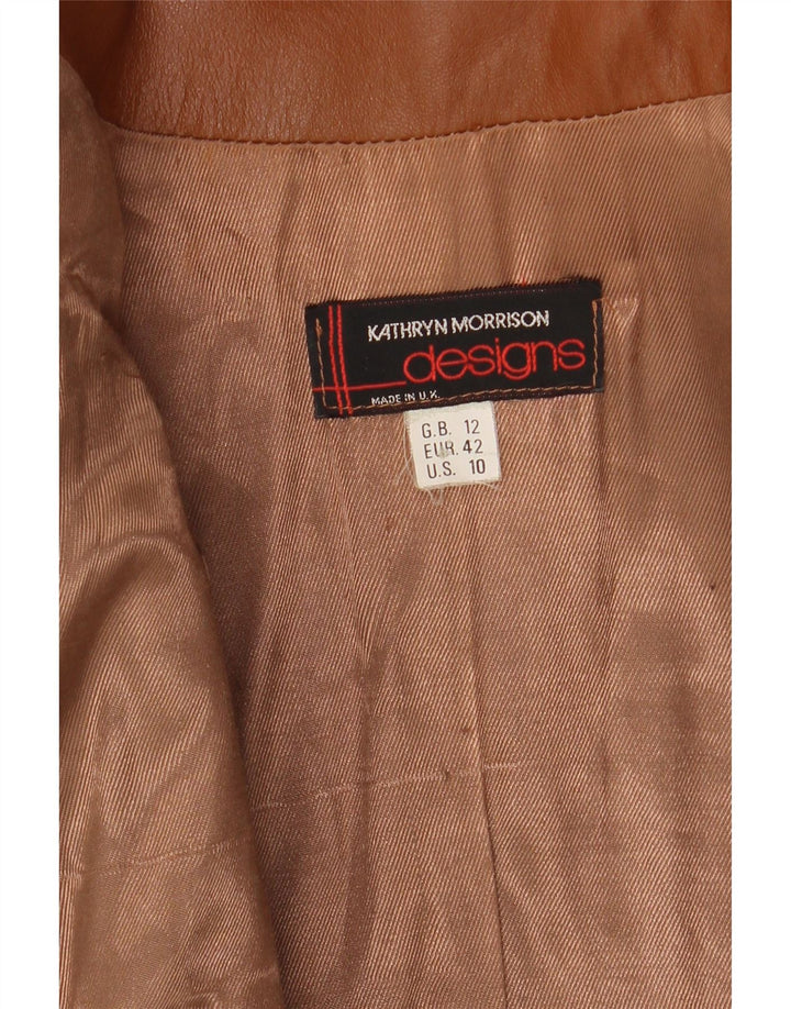 Giacca in pelle militare vintage da donna corta UK 12 marrone medio