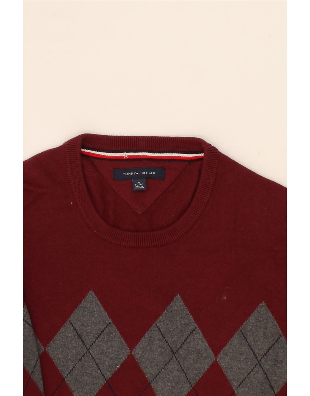 TOMMY HILFIGER Mens Crew Neck Jumper Sweater XL Maroon Argyle/Diamond Vintage Tommy Hilfiger and Second-Hand Tommy Hilfiger from Messina Hembry 