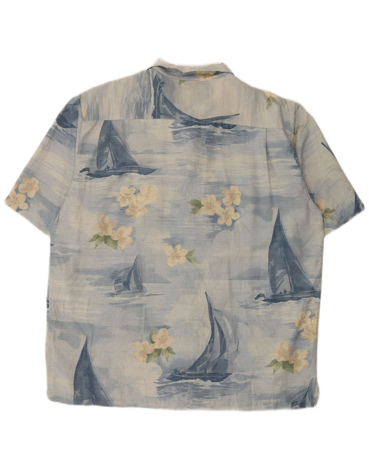 Camicia vintage da uomo a maniche corte XL in seta floreale blu