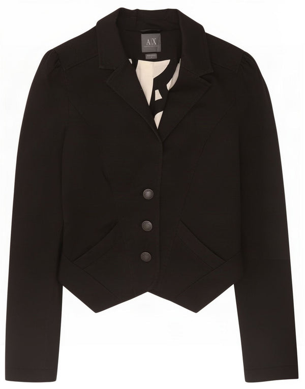 Armani Giacca blazer corta da donna a 3 bottoni UK 12 Cotone nero medio