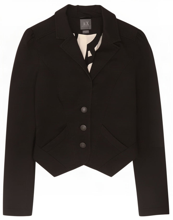 Armani Giacca blazer corta da donna a 3 bottoni UK 12 Cotone nero medio