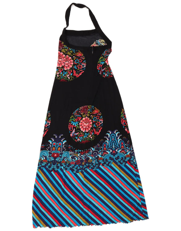 Abito maxi da donna vintage con scollo all'americana UK 10 piccolo floreale nero