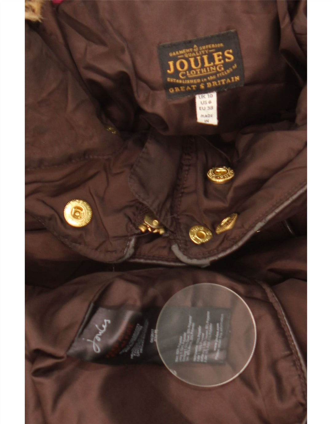 JOULES Cappotto imbottito con cappuccio da donna UK 10 piccolo poliestere marrone