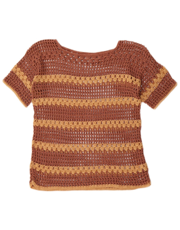 Vintage Womens Crochet Blouse Top UK 10 Small Brown Striped