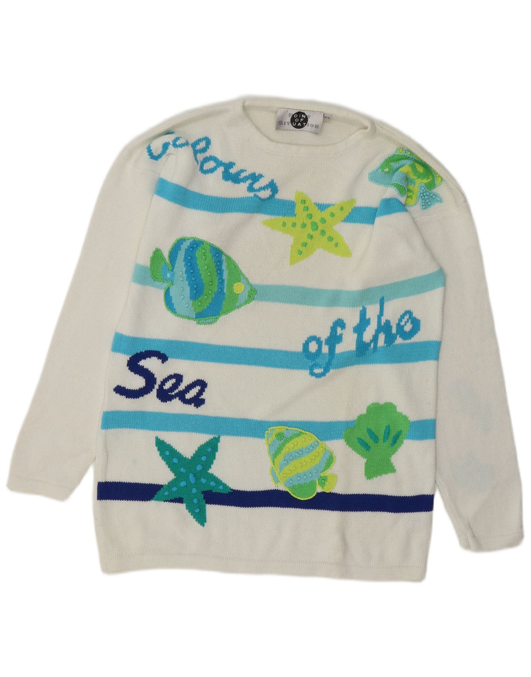 Maglione girocollo grafico da donna VINTAGE EU 40 a righe bianche medie