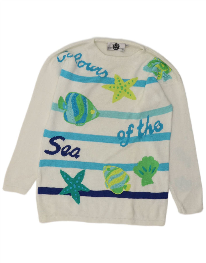 Maglione girocollo grafico da donna VINTAGE EU 40 a righe bianche medie