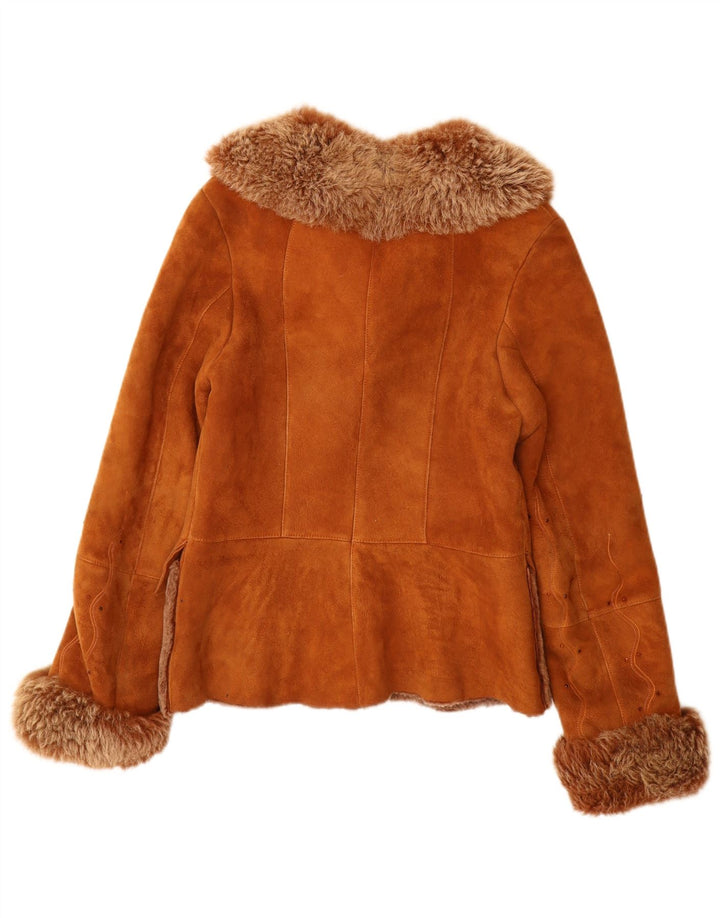 Giacca in shearling vintage da donna UK 12 in pelle marrone medio