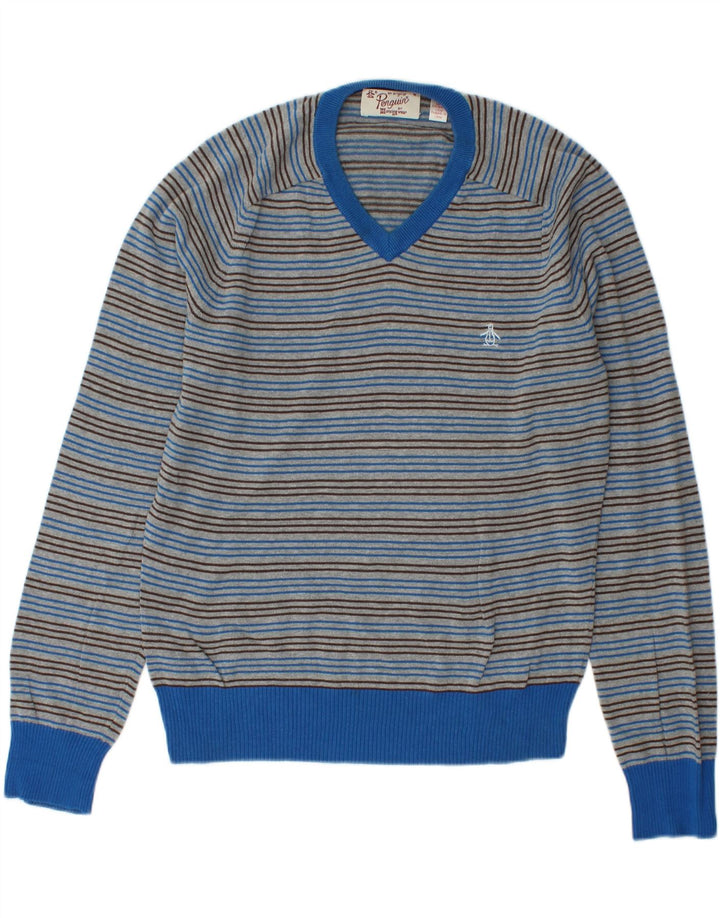 PENGUIN Mens V-Neck Jumper Sweater Medium Blue Striped Cotton Vintage Penguin and Second-Hand Penguin from Messina Hembry 