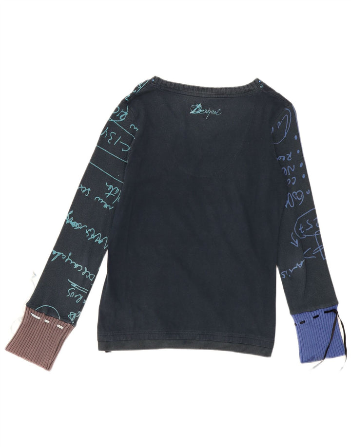 Desigual Donna Graphic Top Manica Lunga UK 14 Medio Blu Navy Cuore