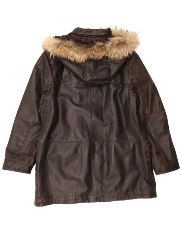 Cappotto vintage in pelle da donna con cappuccio IT 48 XL Marrone