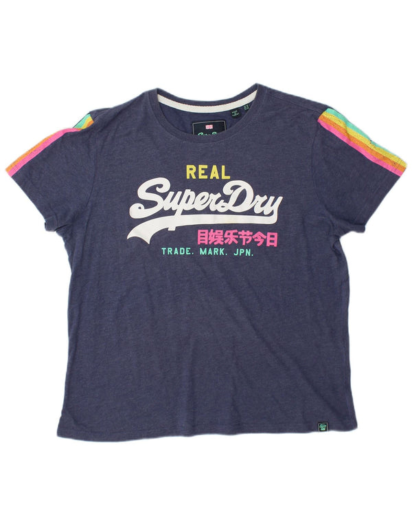 T-shirt grafica da donna SUPERDRY Top UK 16 grande cotone blu navy