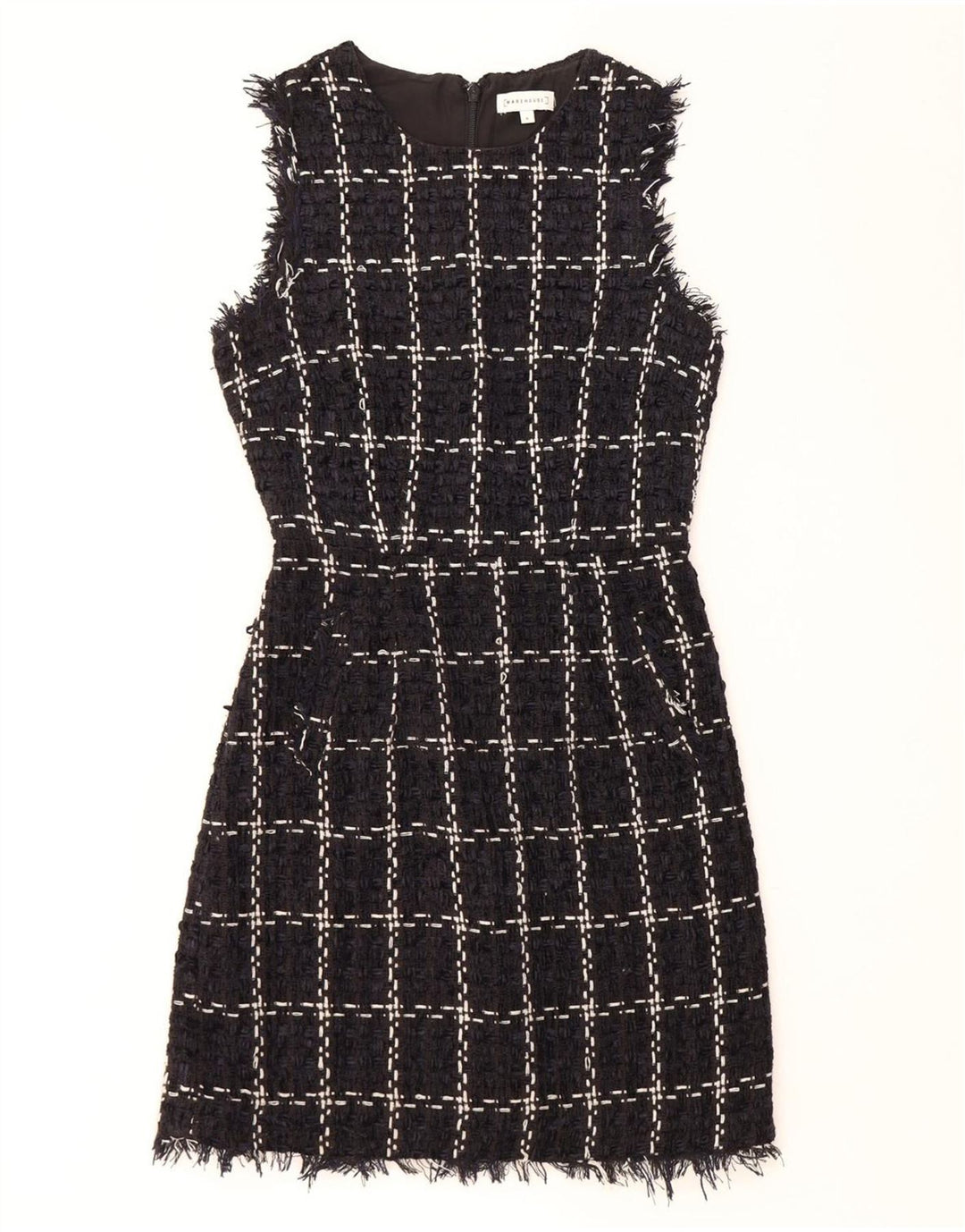 WAREHOUSE Abito tubino senza maniche da donna UK 8 piccoli quadri blu navy