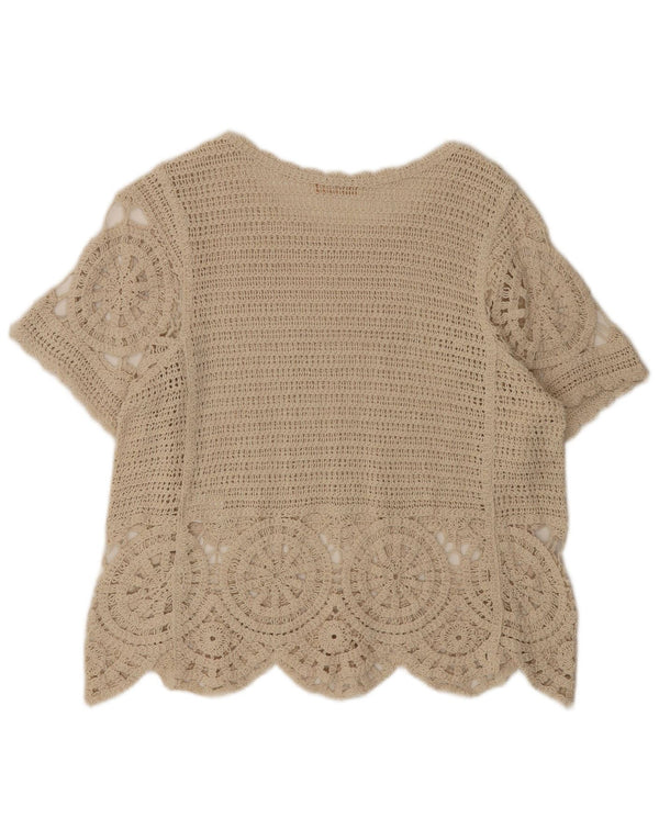 Vintage Womens Crochet Blouse Top UK 16 Large Beige Cotton