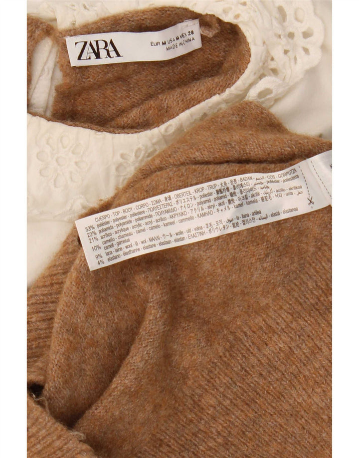 Maglione corto con scollo a barca da donna Zara UK 14 Poliestere marrone medio