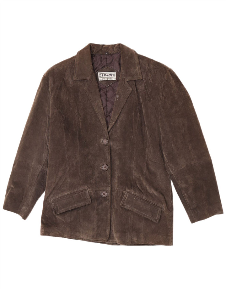 ENJOY Giacca blazer da donna in pelle scamosciata a 3 bottoni UK 14 in pelle grigio medio
