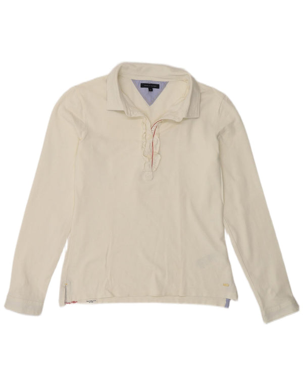 Polo a maniche lunghe da donna Tommy Hilfiger UK 14 cotone bianco sporco medio