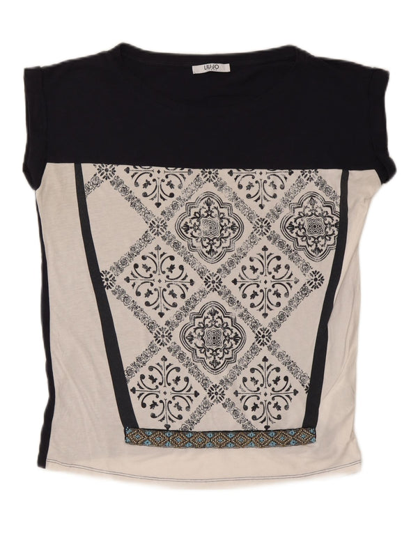 LIU JO Womens Graphic T-Shirt Top UK 14 Medium Navy Blue Geometric Cotton