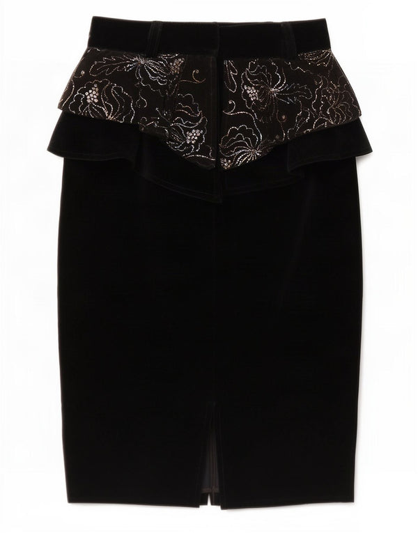 Vintage Womens Velvet Peplum Skirt IT 44 Medium W26 Black Floral Wool