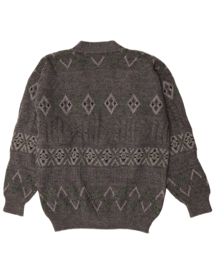 Maglione cardigan da uomo vintage grande lana geometrica grigia