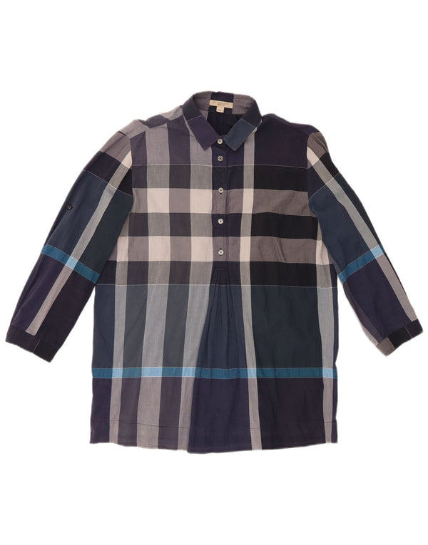 BURBERRY Camicia pullover lunga da donna UK 14 Plaid medio blu navy