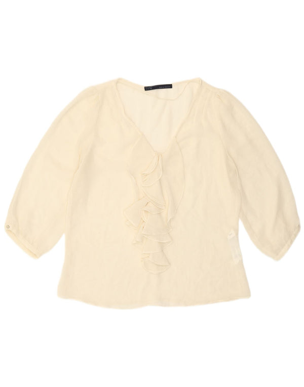 Top Zara da donna con maniche a 3/4 con volant sul davanti, camicetta UK 14 grande, bianco sporco