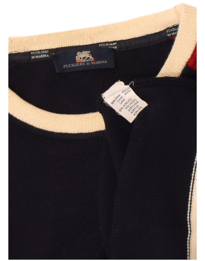 Maglione vintage da uomo girocollo piccolo in lana color block blu navy