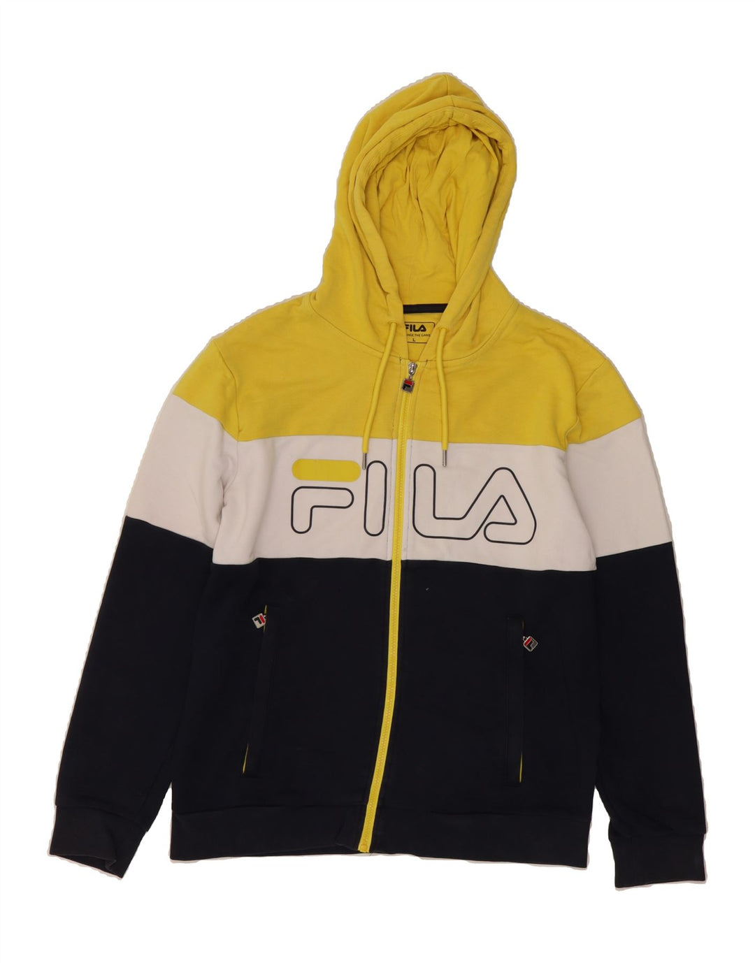 FILA Mens Graphic Zip Hoodie Sweater Large Multicoloured Colourblock Vintage Fila and Second-Hand Fila from Messina Hembry 