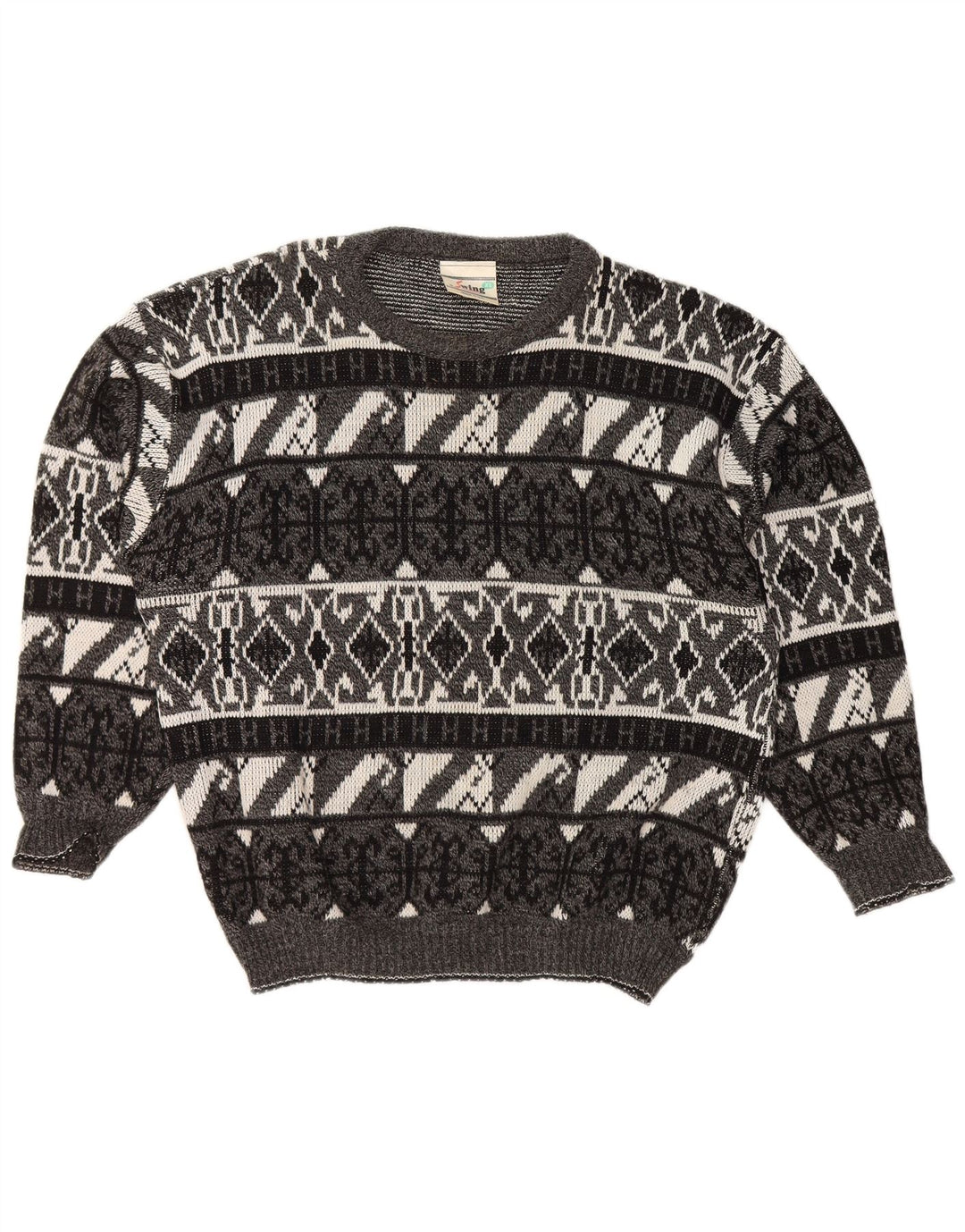 VINTAGE Maglione da uomo con scollo a barca XL Acrilico geometrico grigio