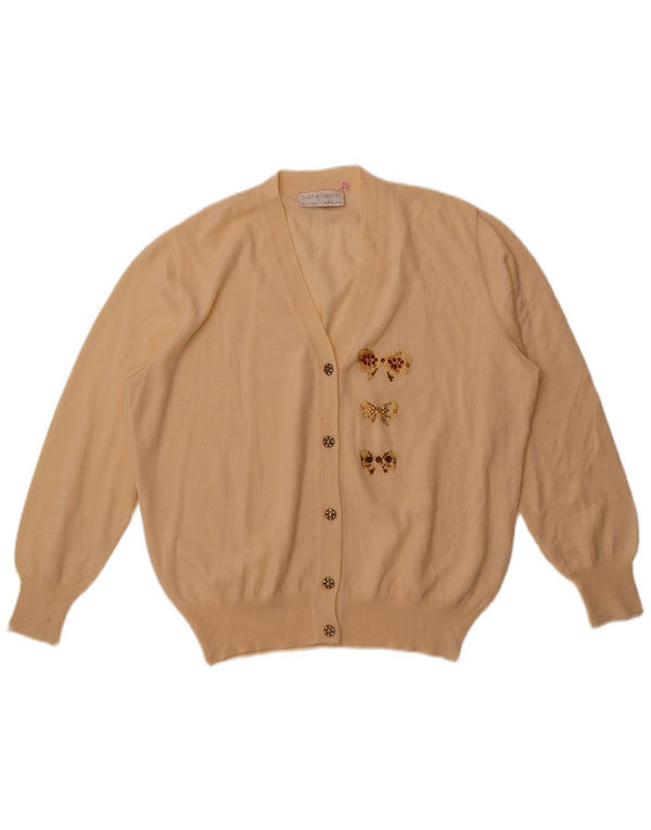 Maglione cardigan da donna vintage UK 22 2XL lana merino bianco sporco