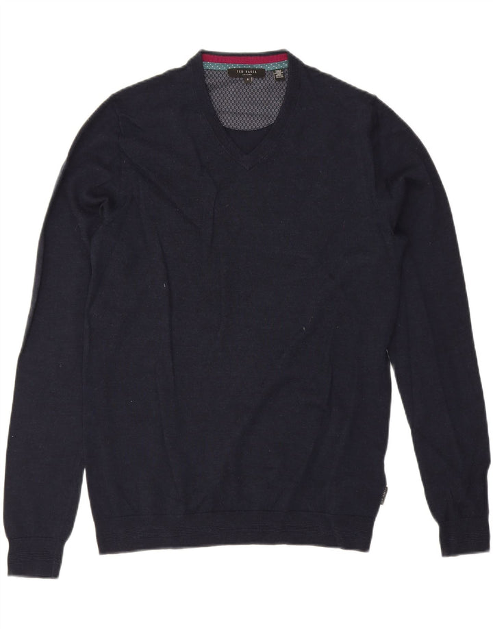 TED BAKER Maglione da uomo con scollo a V taglia 3 medio in lana merino blu navy