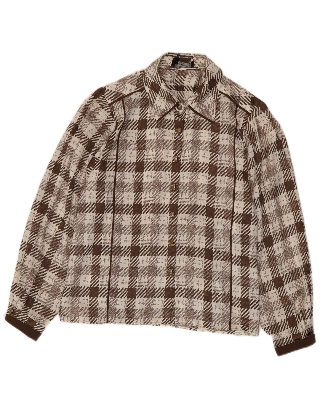 Camicia vintage da donna vestibilità regolare UK 16 grande marrone pied de poule retrò