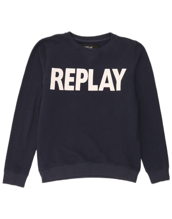 Replay Felpa con grafica da uomo Maglione medio in cotone blu navy